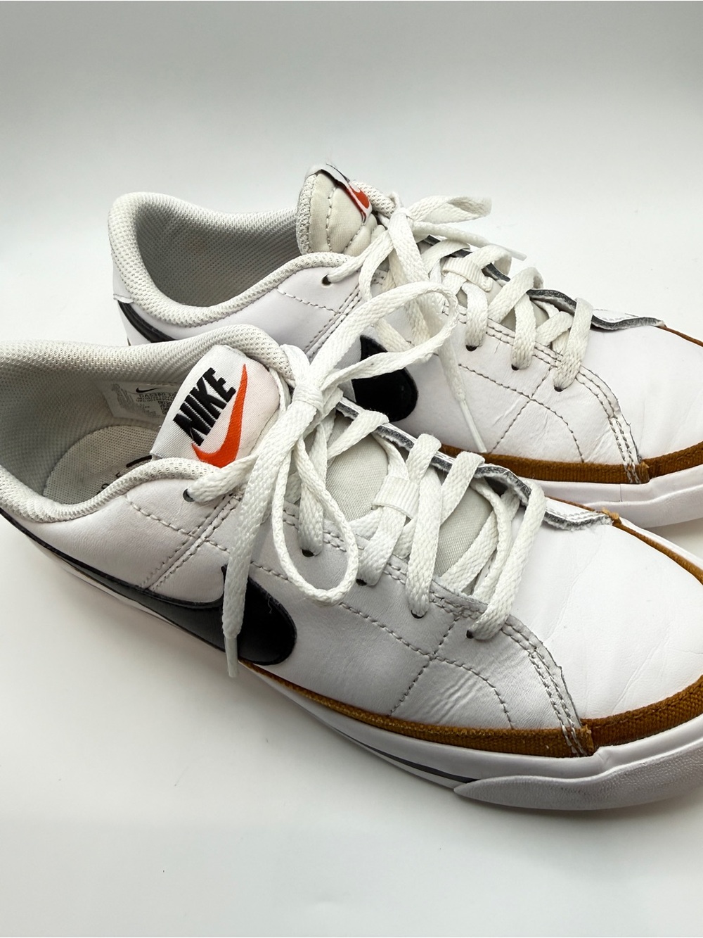 Nike court White Sneakers with Black Swoosh and Brown Trim - Picture 2 of 7